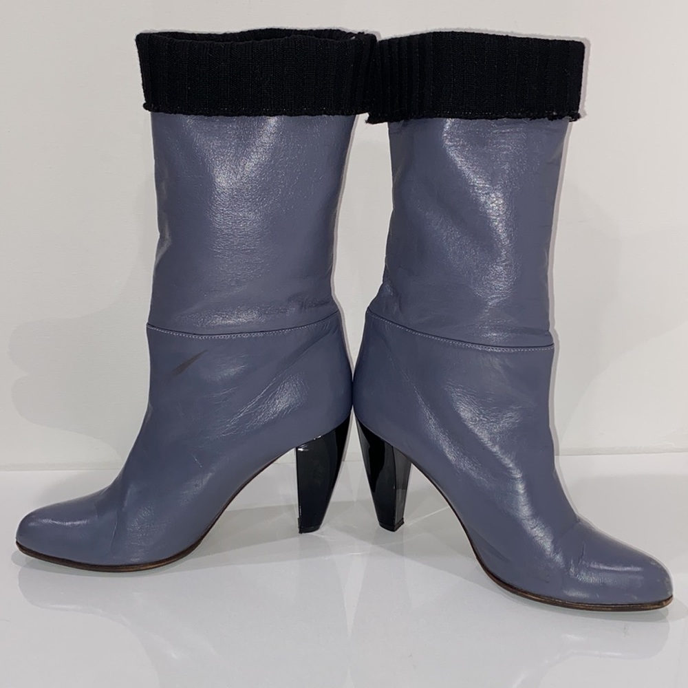 Marni gray leather mid calf 4” acrylic heeled boots sweater lined cuffed EUC 37